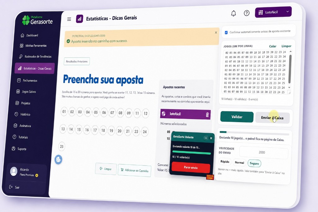 Extensão de Jogos: painel Enviar à Caixa, velocidade do envio e progresso GeraSorte Volante no Loterias Online