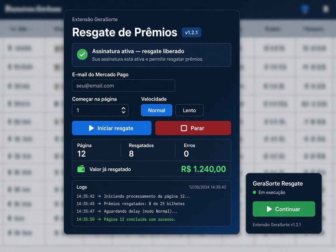 Extensão Resgate de Prêmios GeraSorte: painel no Chrome com e-mail do Mercado Pago, parar e continuar