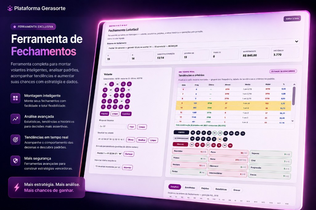 Ferramenta de Fechamentos do GeraSorte: volante Lotofácil, catálogo de sistemas, tendências e critérios em tempo real
