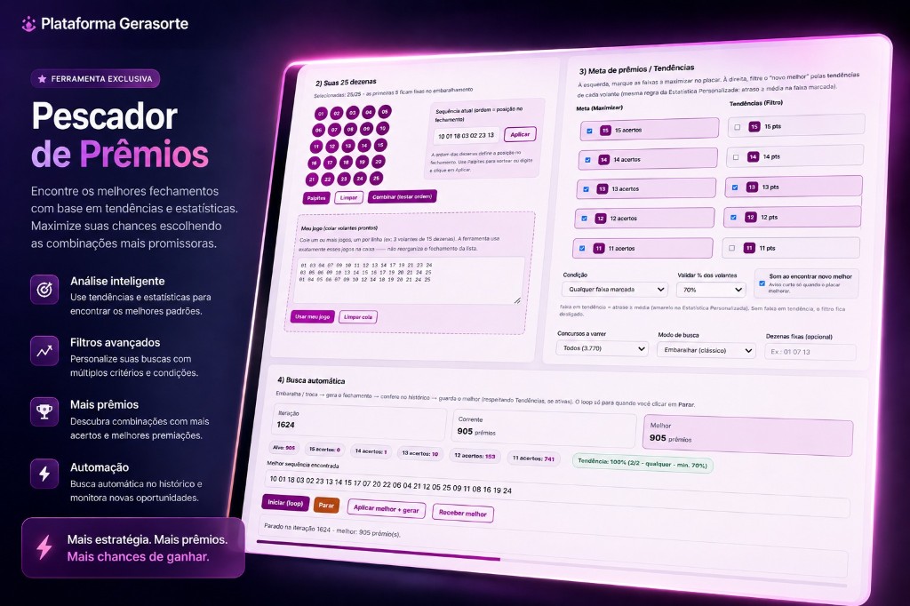Pescador de Prêmios do GeraSorte: meta de prêmios, tendências, busca automática em loop e placar ao vivo