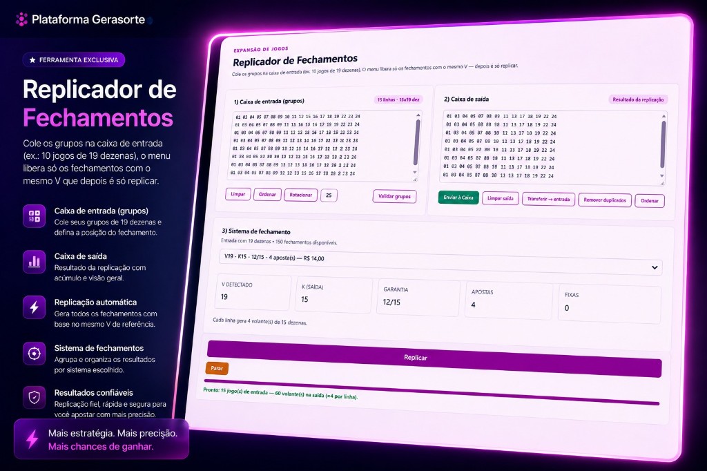 Replicador de Fechamentos do GeraSorte: caixa de entrada, sistema V-K-T-M, replicação em lote e saída de volantes
